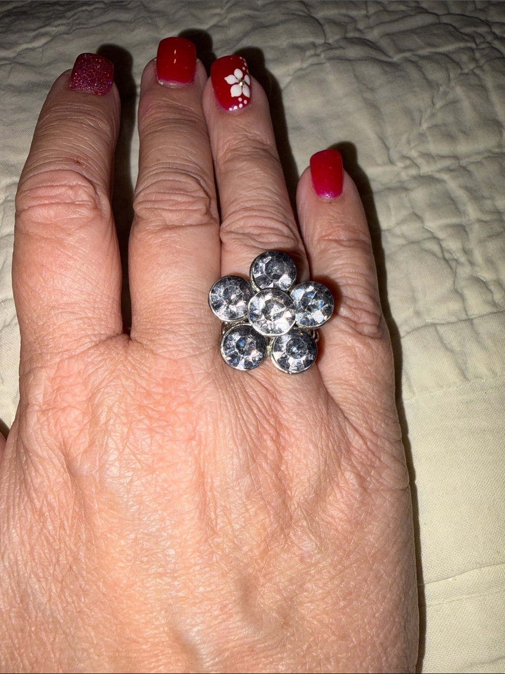 Crystal Flower Statement Ring - Silver Tone